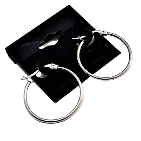 1 Inch 25mm Thin Hoop Pierced Post Earrings Silver Tone - Picture 1 of 5